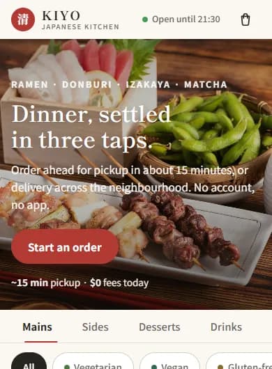 The KIYO ordering site at phone width: 'Dinner, settled in three taps'