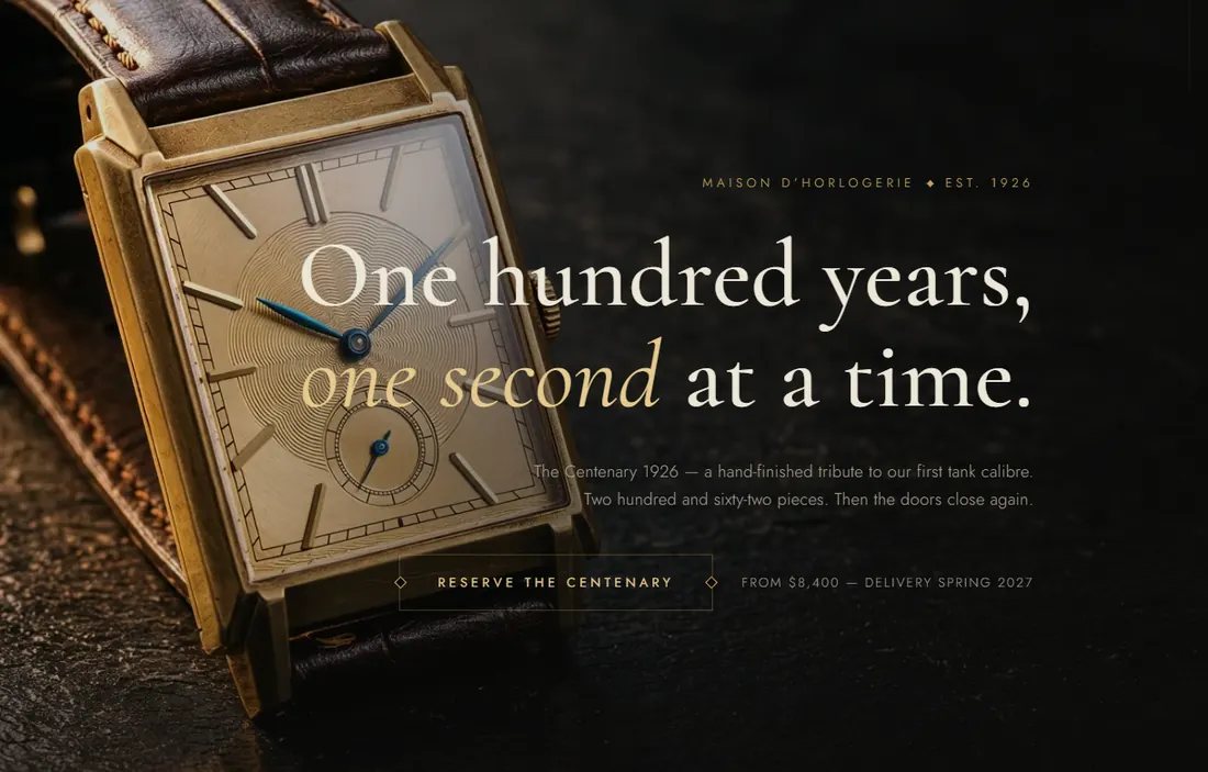 The AUREL watch house: a gold dress watch on dark slate beside its headline