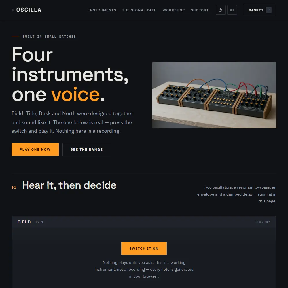 The OSCILLA homepage: 'Four instruments, one voice' beside a photographed patchbay synthesizer, on near-black.