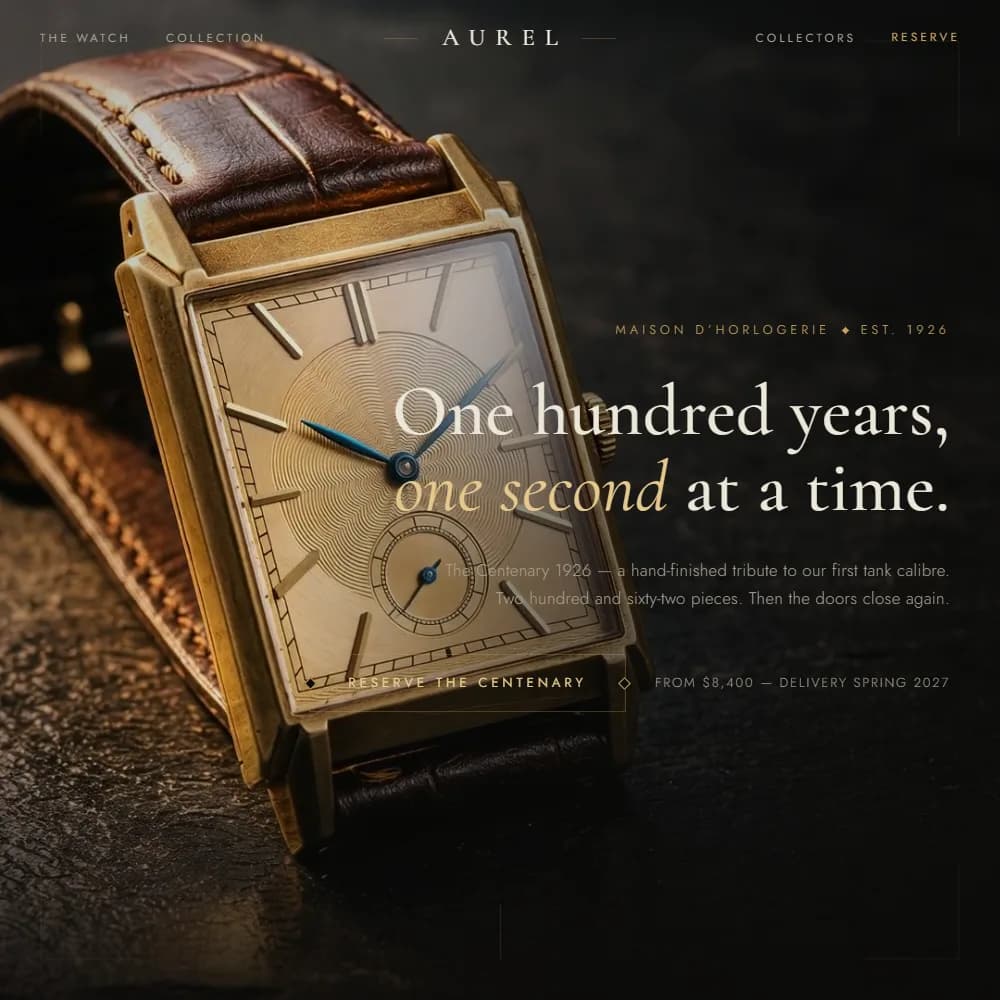 AUREL square: a gold tank-case watch on dark leather beside 'One hundred years, one second at a time.'