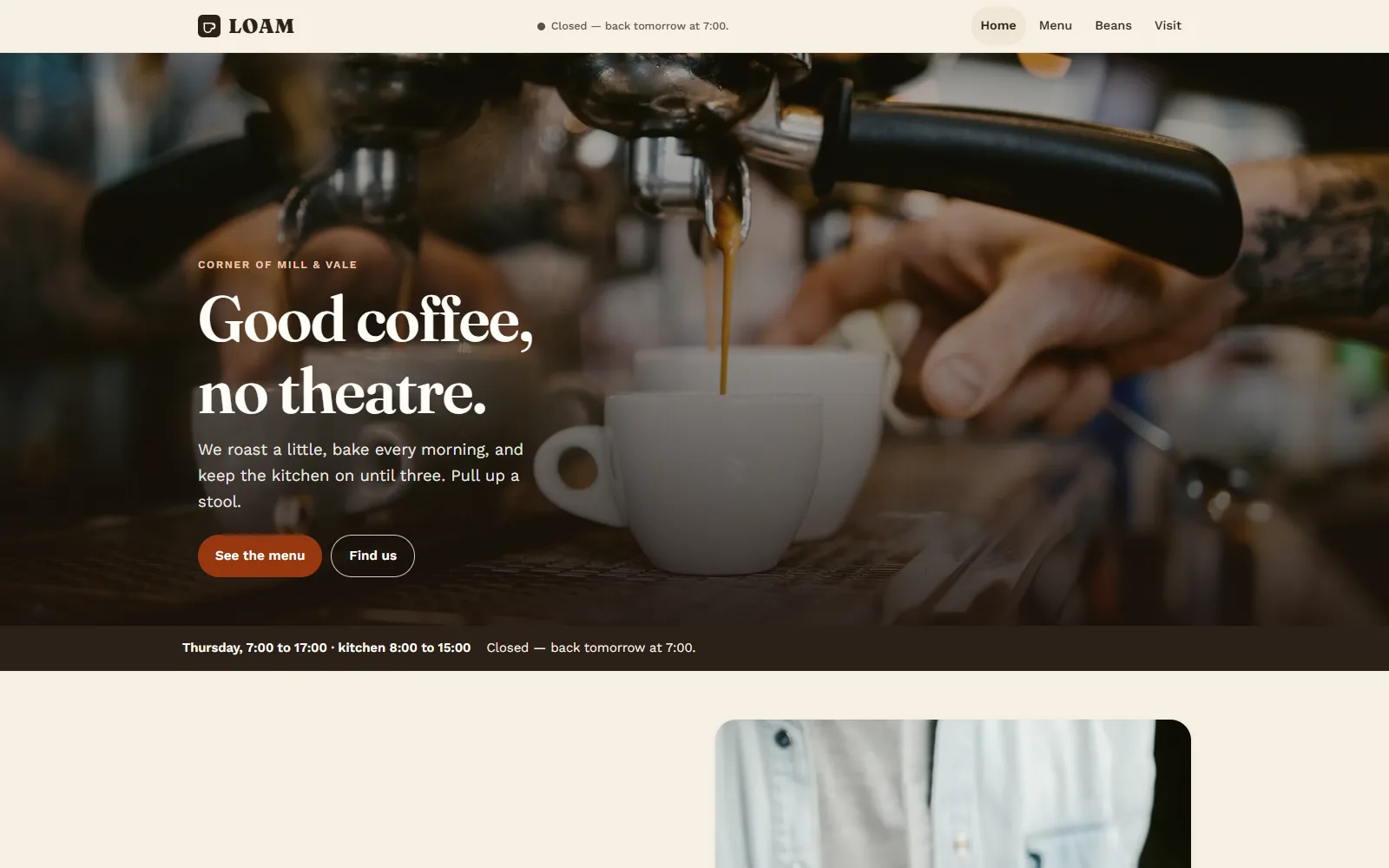 LOAM hero: espresso pouring into a white cup under 'Good coffee, no theatre.'