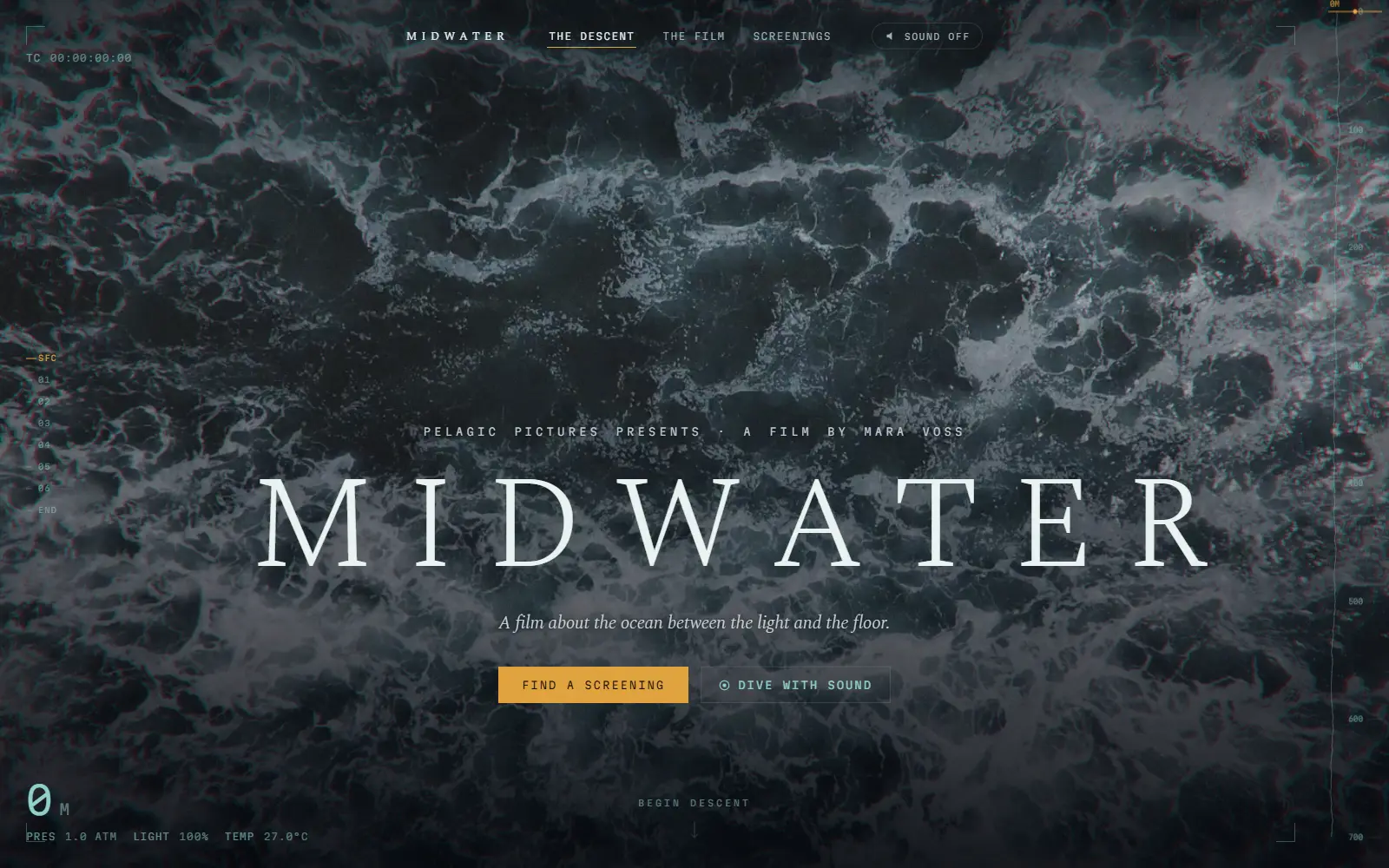 MIDWATER hero: churning dark ocean under a wide serif title, framed by timecode and depth readouts.