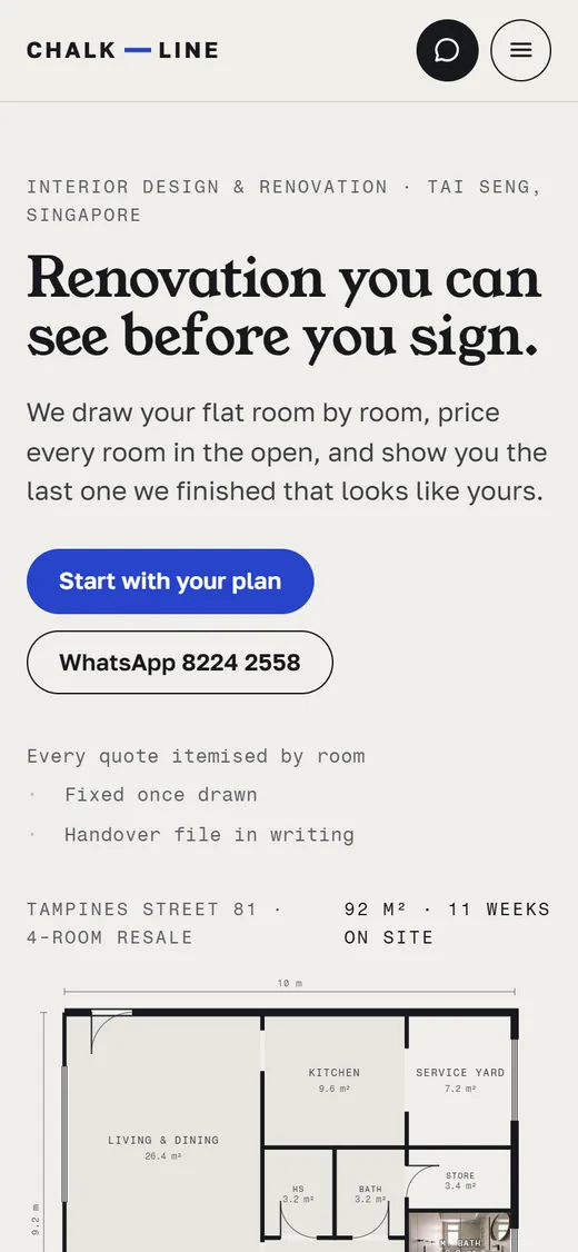 Chalkline on a phone: Renovation you can see before you sign, a WhatsApp number and a measured floor plan.