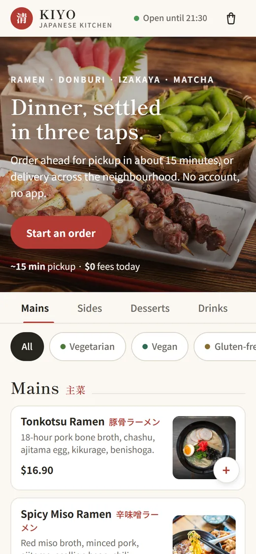 Kiyo on a phone: Dinner, settled in three taps, then the mains with prices and a Start an order button.