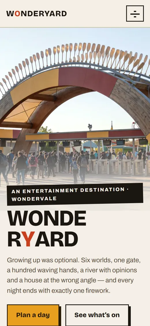 Wonderyard on a phone: the wooden gate and the fan of oars over the name, and Plan a day.