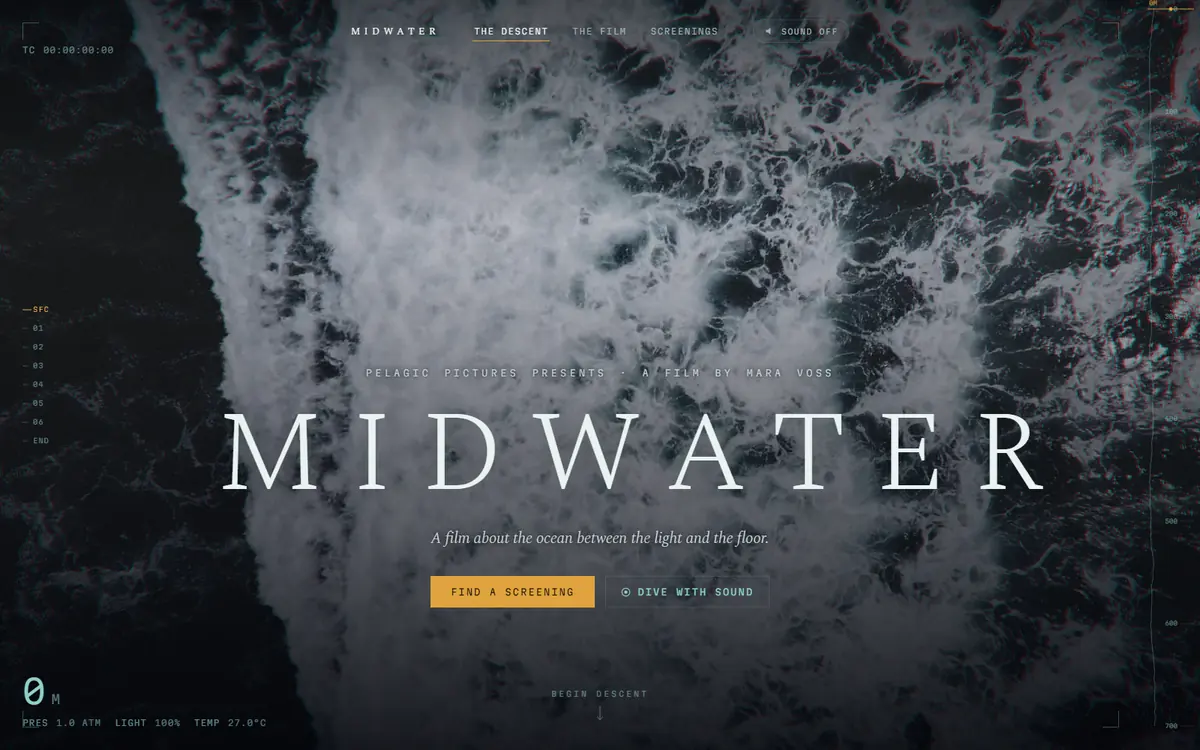 Midwater: a full-bleed aerial shot of dark churning ocean behind the wordmark MIDWATER in wide serif capitals, with a depth scale down the left edge.