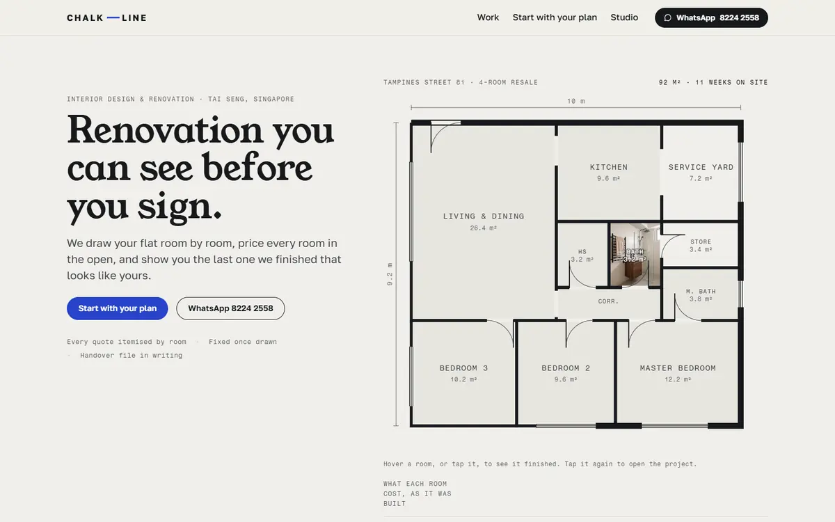 Chalkline: a white page headed ‘Renovation you can see before you sign.’ beside a measured floor plan of a four-room flat, each room labelled with its area.
