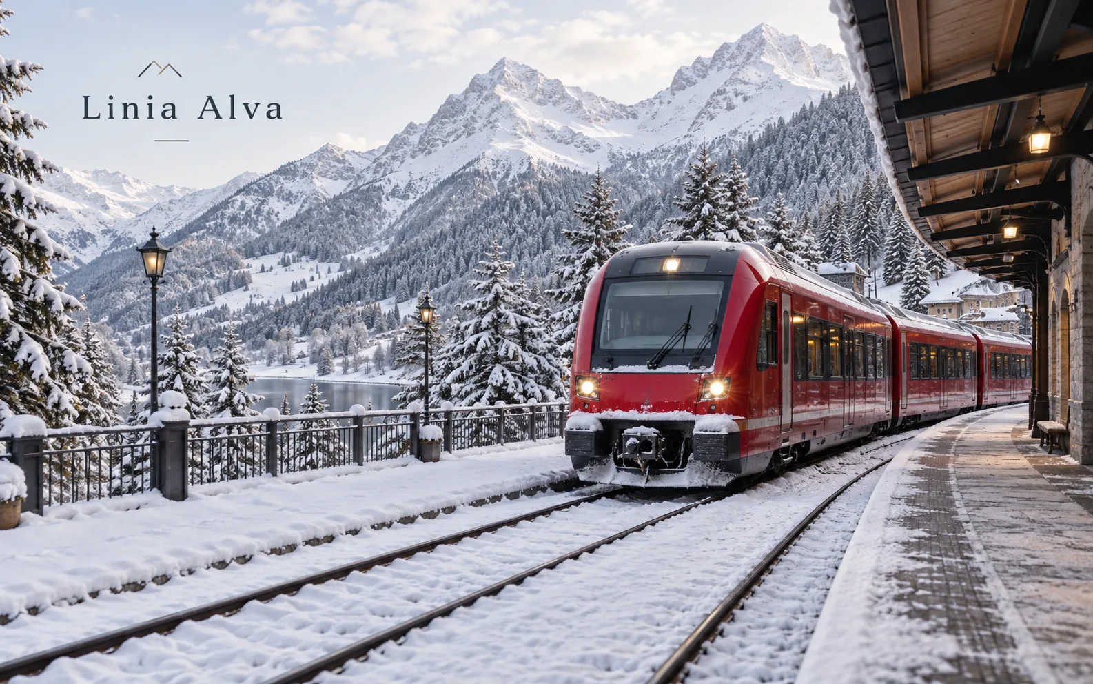 Linia Alva: a red mountain train arriving at a snow-covered station, tracks and pine trees dusted white.