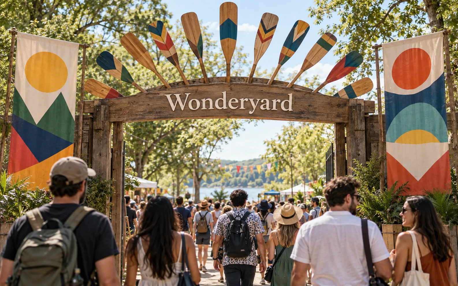 Wonderyard: a crowd passing beneath a wide wooden entrance arch topped with a fan of oars, flanked by bright geometric banners.